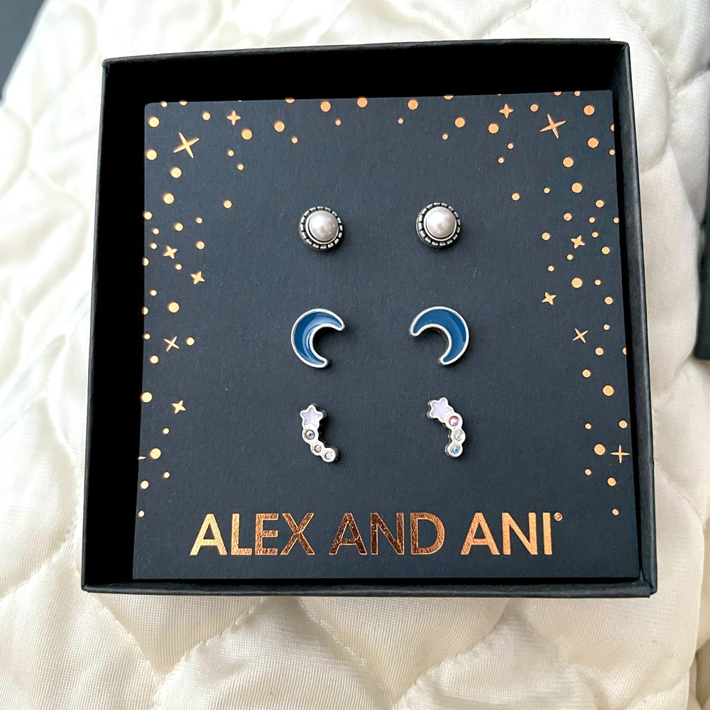 ALEX AND ANI Wish Upon a Star Stud Earrings Set of 3 Rafaelian Silver moon Pearl